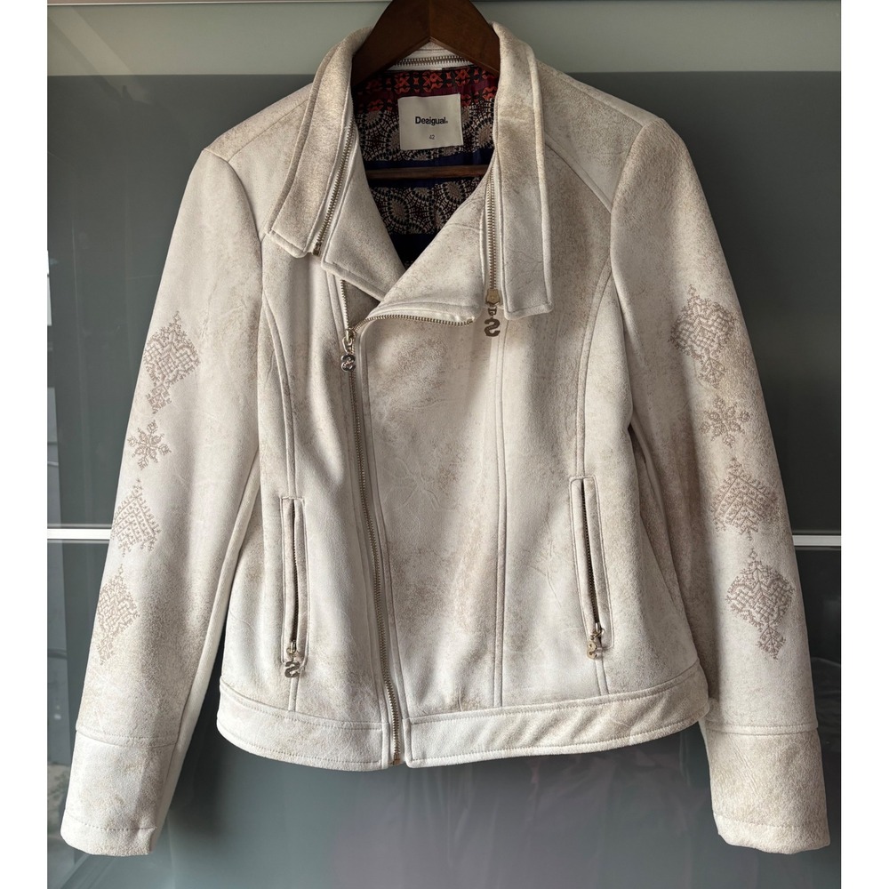 Desigual Astrid Flower Faux Suede Biker Moto Jacket Embroidered Cream Boho 42